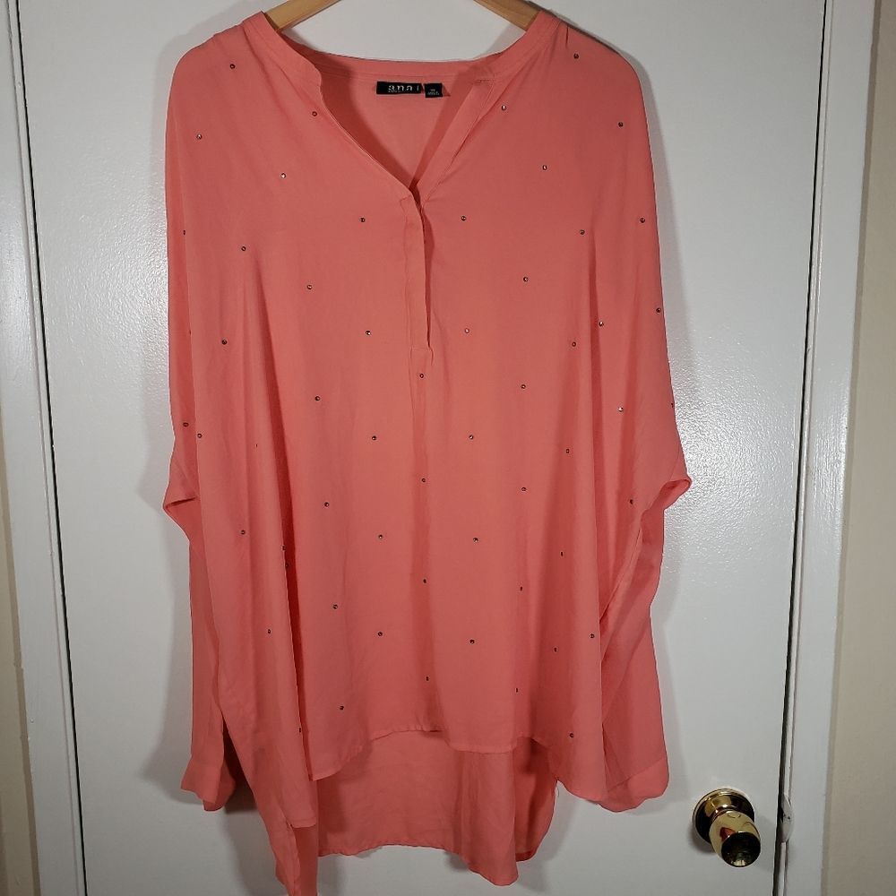 A.n.a Salmon Long Sleeve Bejeweled Flowy Blouse Size 1X